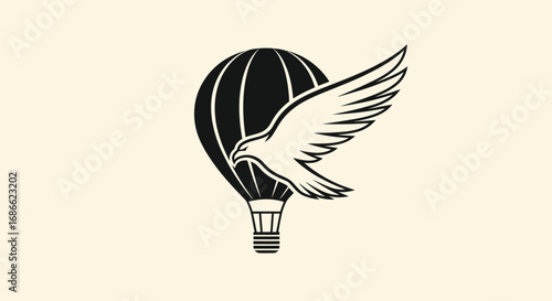 Bold graphic illustration of a bird flying past a hot air balloon.