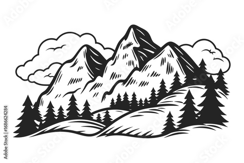 Mountain and Forest Silhouette on White Background, Nature