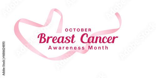October is Breast Cancer Awareness Month. Heart shaped ribbon. Great for posters, banners and social media. White background.