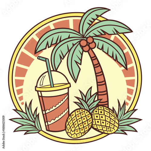 Tropical drink and pineapple with palm tree