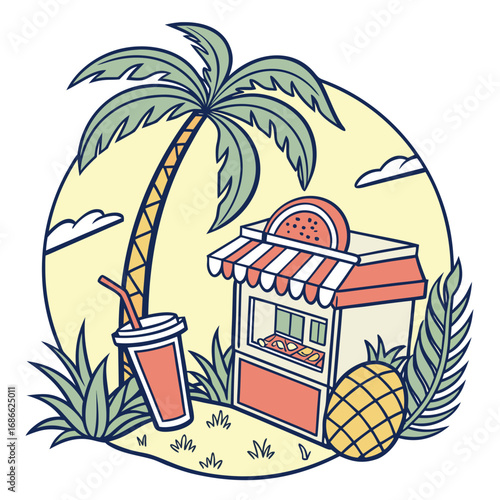 Tropical beachside refreshment stand with palm tree and fruit