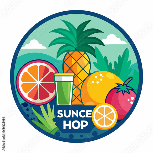 Vibrant tropical fruit medley with sunce hop logo