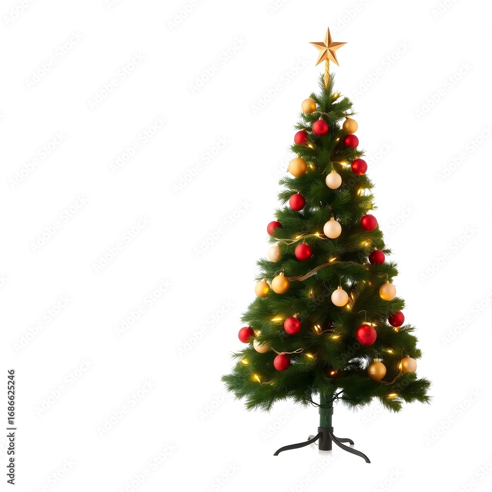 Fototapeta premium Christmas tree with ornaments isolated on white background.