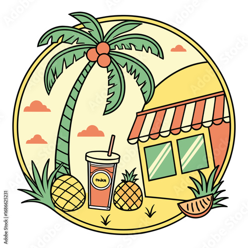 Tropical beachside drink stand with palm trees and pineapples