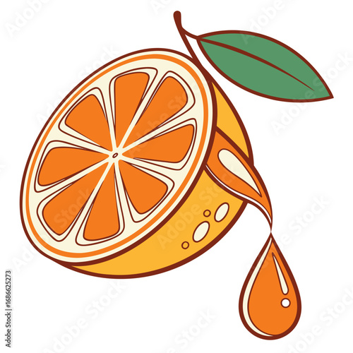 Juicy orange slice with dripping juice and leaf