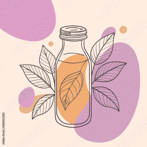 Minimalist illustration of a bottle with leaves and abstract shapes