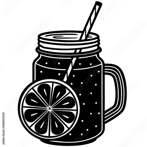 Black and white mason jar drink with lemon slice and straw