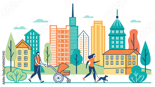 Urban family life with cityscape and greenery