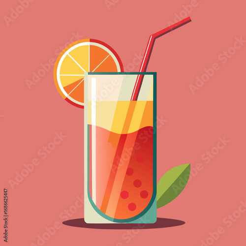 Refreshing orange juice cocktail with orange slice and leaf