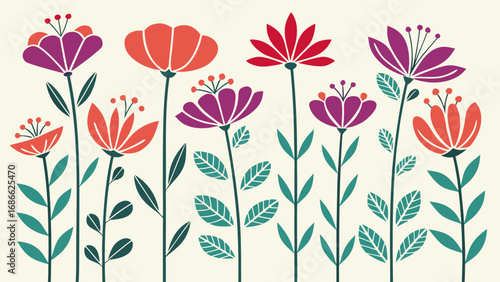 Stylized floral arrangement with purple orange and red flowers