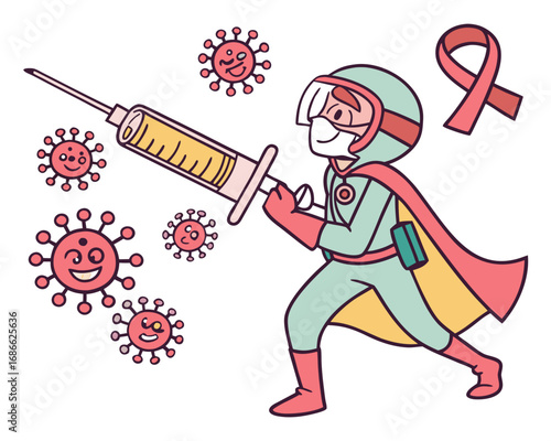 Superhero fighting viruses with a syringe and ribbon