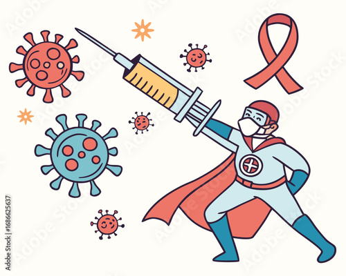 Superhero doctor fighting viruses with vaccine