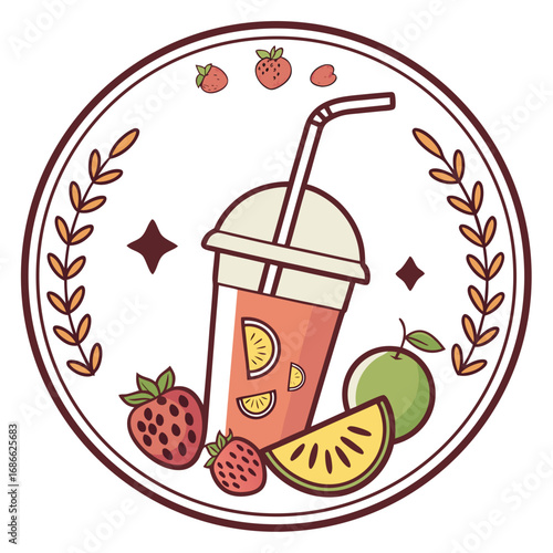 Cute fruit smoothie and drink emblem with strawberries and citrus