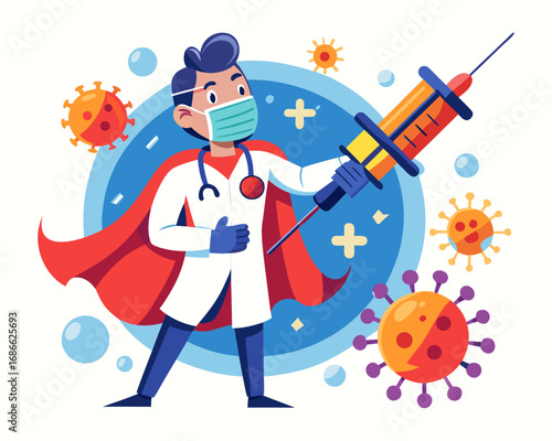 Superhero doctor fighting viruses with vaccine