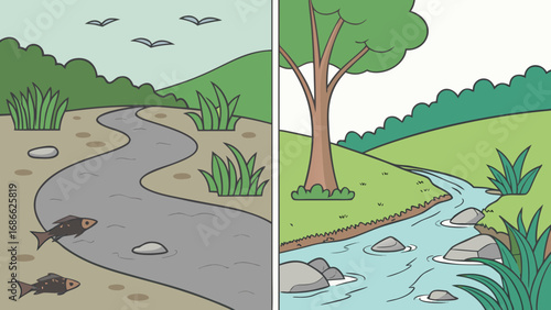 Juxtaposition of a dry riverbed and a flowing stream