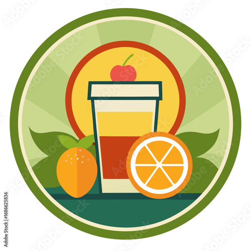 Refreshing orange juice and cherry drink emblem