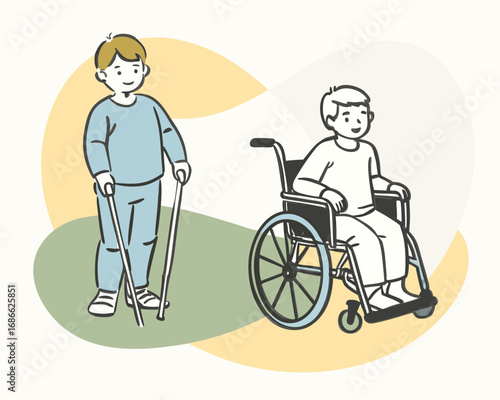 Children with mobility aids one standing with crutches the other in a wheelchair