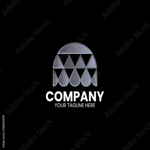 A modern, abstract logo design featuring a metallic, dome-like structure with triangular and teardrop shapes, set against a black background with company name and tagline.