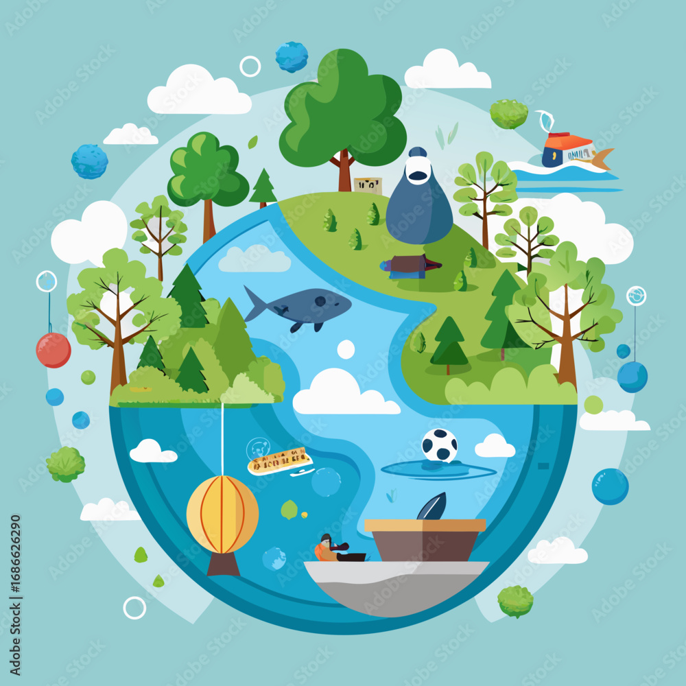 Naklejka premium Whimsical planet earth with nature and human activities