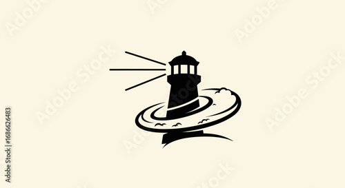 Stylized lighthouse icon emitting light beams on a circular base.