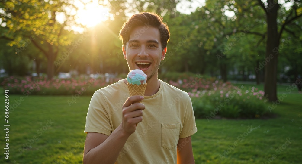 Fototapeta premium Caucasian man enjoying ice cream with a happy expression in a sunny park. Summer dessert concept for outdoor activities.