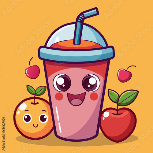 Happy fruit smoothie with cute orange and cherry friends
