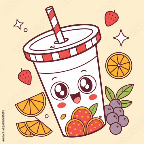 Cute kawaii fruit smoothie cup with happy face and straw