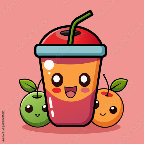Cute kawaii juice cup with apple and orange friends