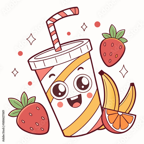 Happy fruit smoothie cup with straw and fresh fruits