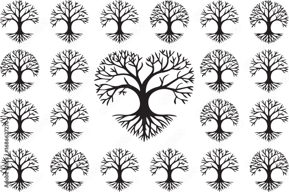 seamless nature vector pattern trees black silhouettes heart shaped center tree growth love concept background design seamless nature vector pattern trees black silhouettes heart shaped center tree growth love concept background design