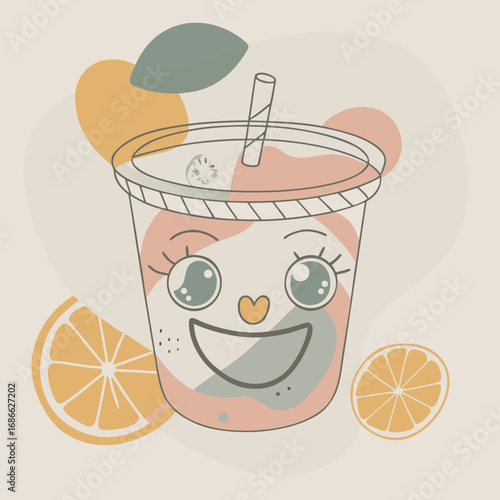 Cute kawaii orange juice drink with happy face and fruit accents