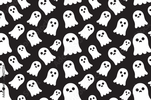 cute cartoon ghost seamless pattern on black background for spooky design and kids party decor vector illustration