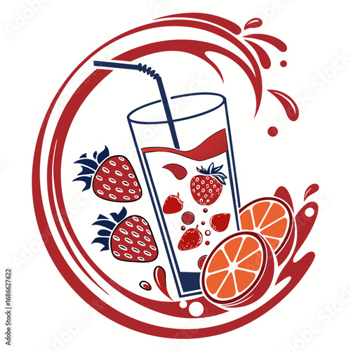 Refreshing fruit juice splash with strawberries and oranges