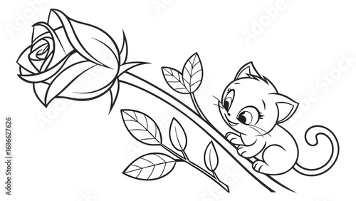 Cute Kitten and Rose Line Art Illustration for Coloring.