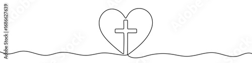 Heart with a cross in one line art style. Drawing of a heart with a Christian cross with an editable black stroke on a white background. Vector illustration.