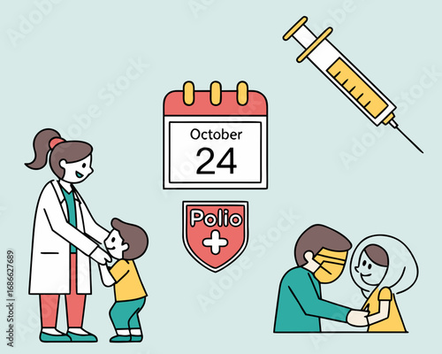 World polio day vaccination awareness with doctor and children