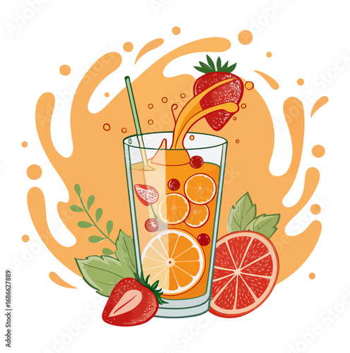 Refreshing fruit juice splash with strawberries and citrus slices