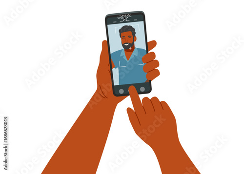 Concept of selfie on smartphone camera. Taking a photo by a phone camera. Man holding smartphone and taking a photo. Vector hand drawn clipart isolated on white.