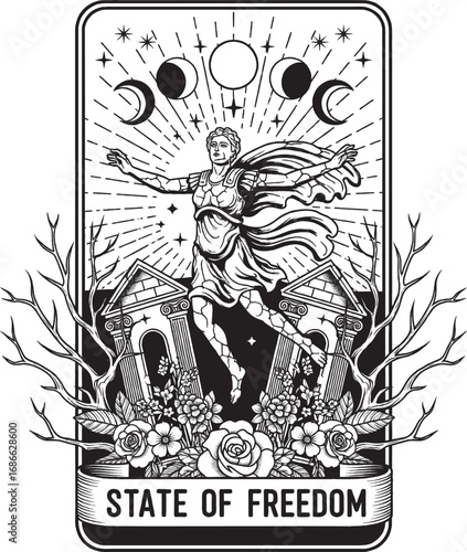 Dancing Female Figure in a State of Freedom Surrounded by Ruins and Celestial Motifs