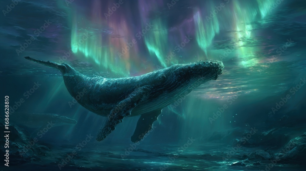 Fototapeta premium A lone shark swims through the deep blue sea, its dorsal fin cutting through the crystal-clear water