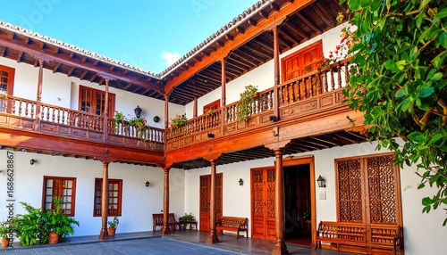 Spanish colonial courtyard, sunny day