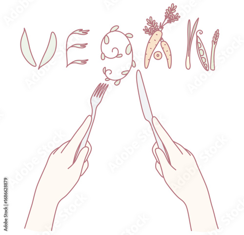 This stylish and vibrant illustration beautifully showcases the vegan lifestyle using utensils and whimsical lettering
