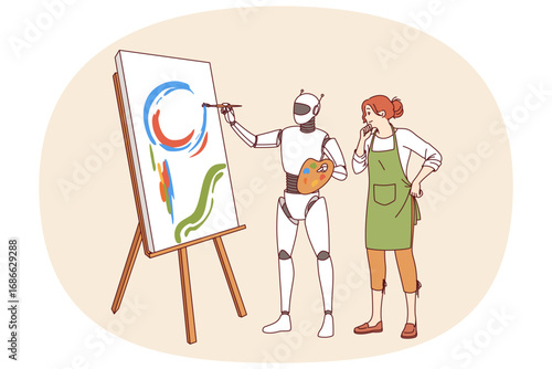 Robot with artificial intelligence stands next to woman artist and creates masterpiece on easel. Robot with modern technologies helps artist come up with new creative compositions and paint pictures