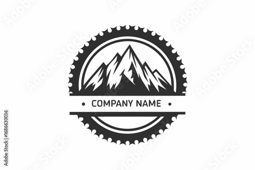 Mountain Peaks Icon Inside Sprocket Wheel with Text on White Background