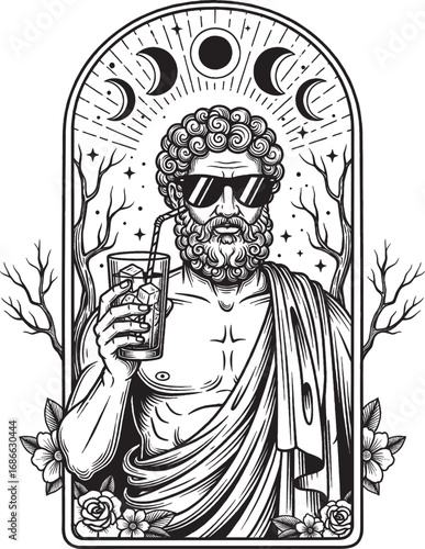 Greek God Holding Cocktail in Sunglasses Surreal Retro Style Illustration
