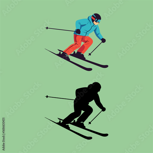Illustration of skier carving down slope with shadow on green background in vector format