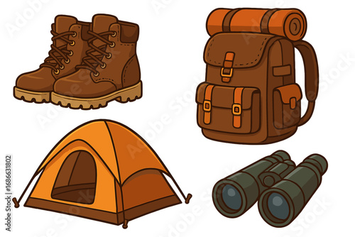 Set of camping gear essentials for outdoor adventure. Cartoon vector icons of hiking boots, backpack, tent, and binoculars. Travel and tourism equipment collection.