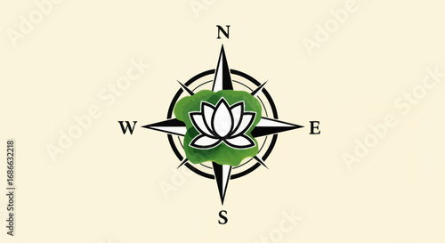 Compass Rose with Lotus Flower and Green Foliage Symbolizing Guidance and Nature.