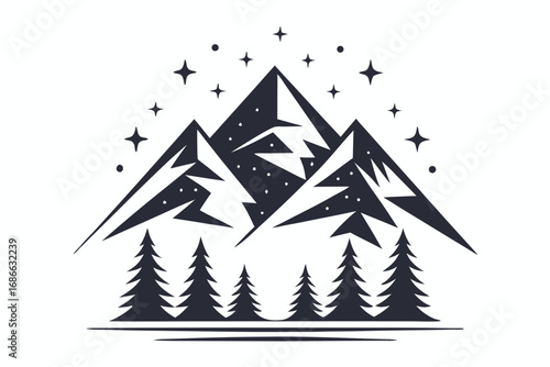 Mountain Peaks Silhouette with Pine Trees on White Background
