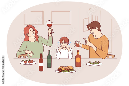 Problem of family alcoholism causes stress for little boy watching parents drink and exes about son. Child cries while standing at table near mother and father suffering from family alcoholism.